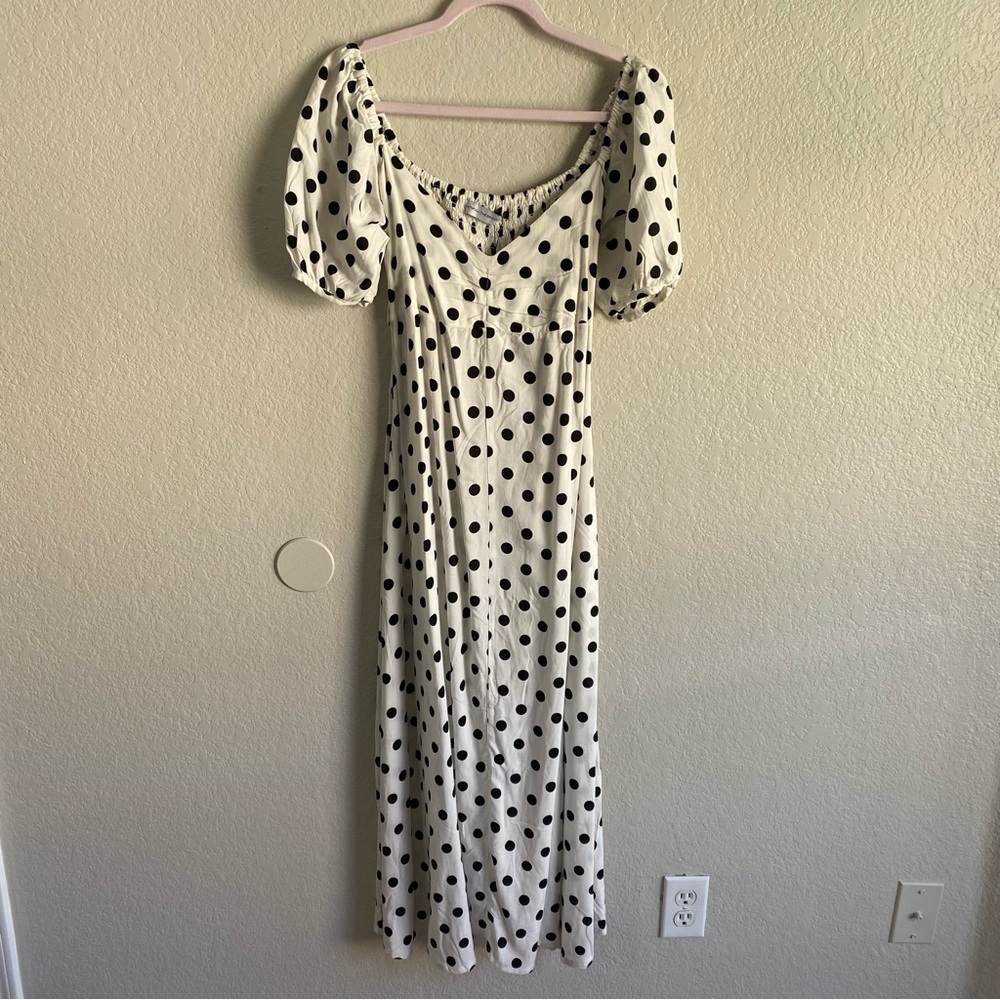 Faithfull the Brand Charlize Midi Dress Polka Dot Black White Medium MSRP $239